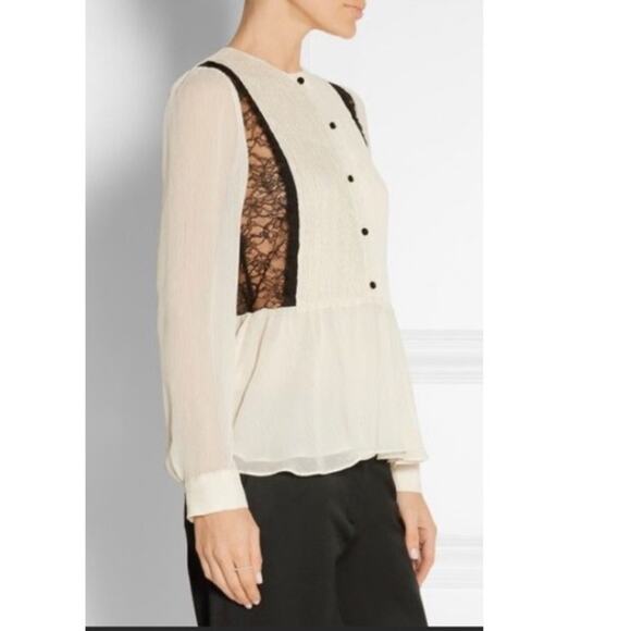 Alice + Olivia Elysia Lace Paneled Plisse-Georgette Off White/Black Peplum Top - Picture 9 of 12